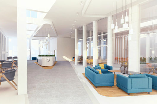 Reception and meeting space cutting through the building