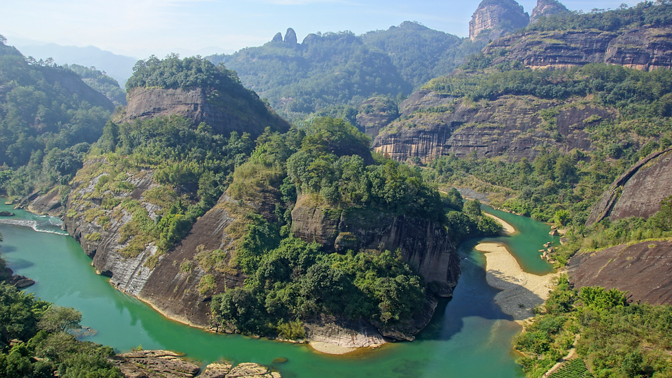 Vista del paesaggio di Wuyishan, area patrimonio dell'UNESCO e di produzione degli yancha o tè di roccia, tra i migliori oolong cinesi.