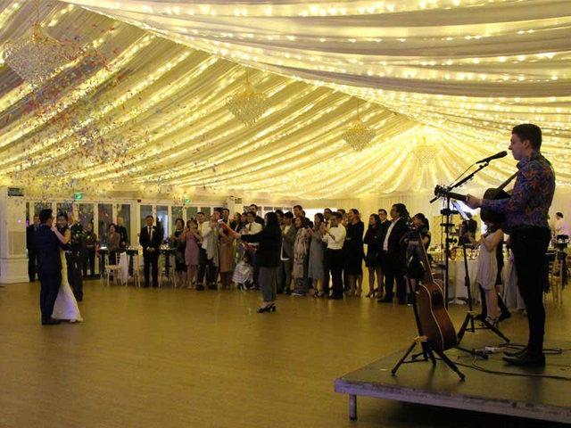 Tom Ryder performing at Betty and Eric's wedding at Parklands Quendon Hall in Essex