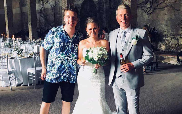 Tom Ryder with Sam and Charly at their wedding at Villa Grabau in Tuscany
