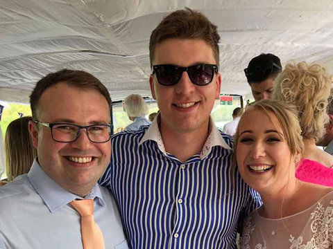 Tom Ryder with Jack and Michelle at their wedding at Ware Priory in Hertfordshire