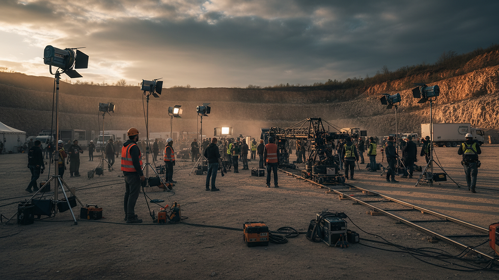 Wide angle view of a video production team setting up lighting equipment outdoors