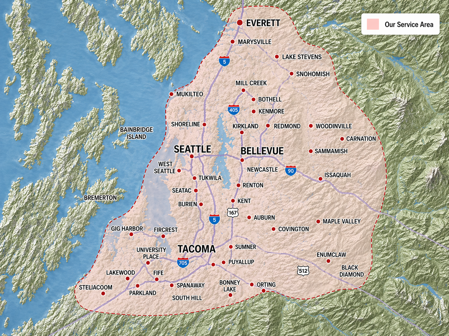 Trinitron’s Puget Sound service-area map, showing communities around Seattle, Everett, and Tacoma.