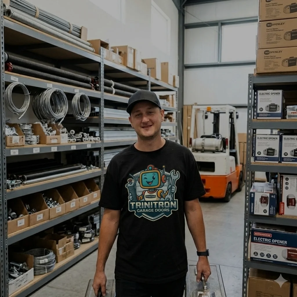 Wesley, owner of Trinitron Garage Doors, at the garage door supply shop