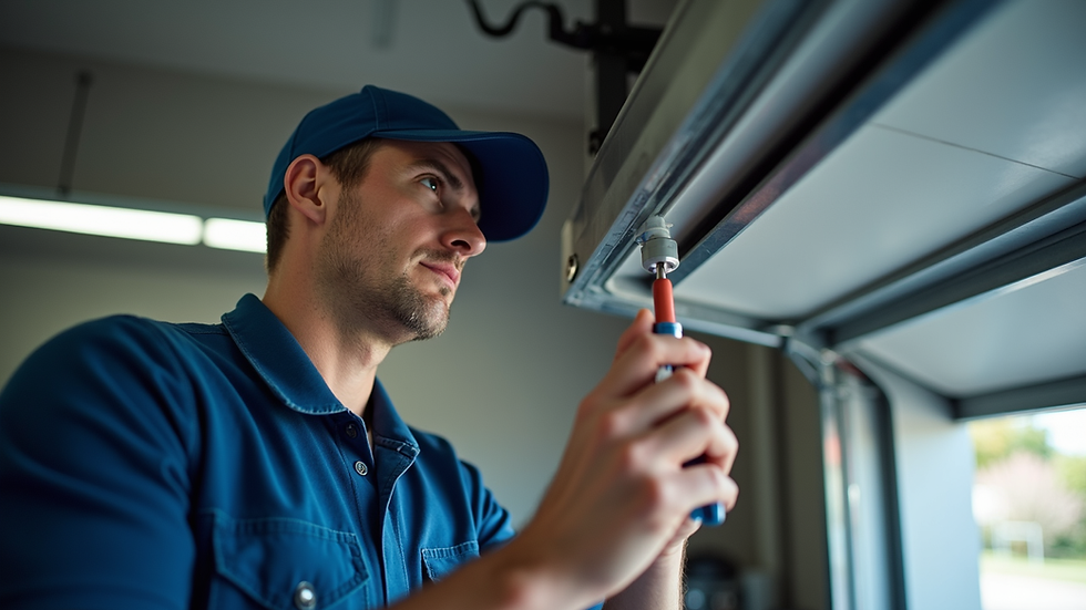 Eye-level view of a technician inspecting a garage door opener