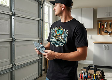 Trinitron Garage Doors owner holding a hinge while working on a garage door repair.