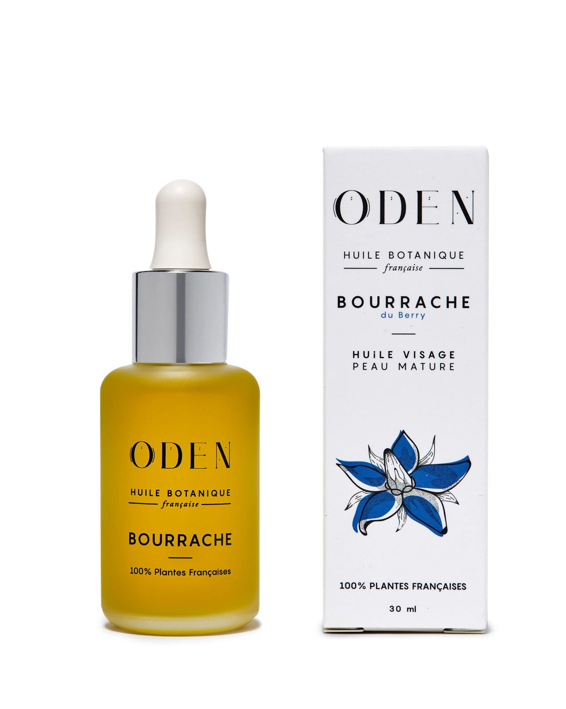 Flacon en verre d’huile de bourrache française Oden sur fond neutre – soin visage et naturel pour peau mature- fond blanc