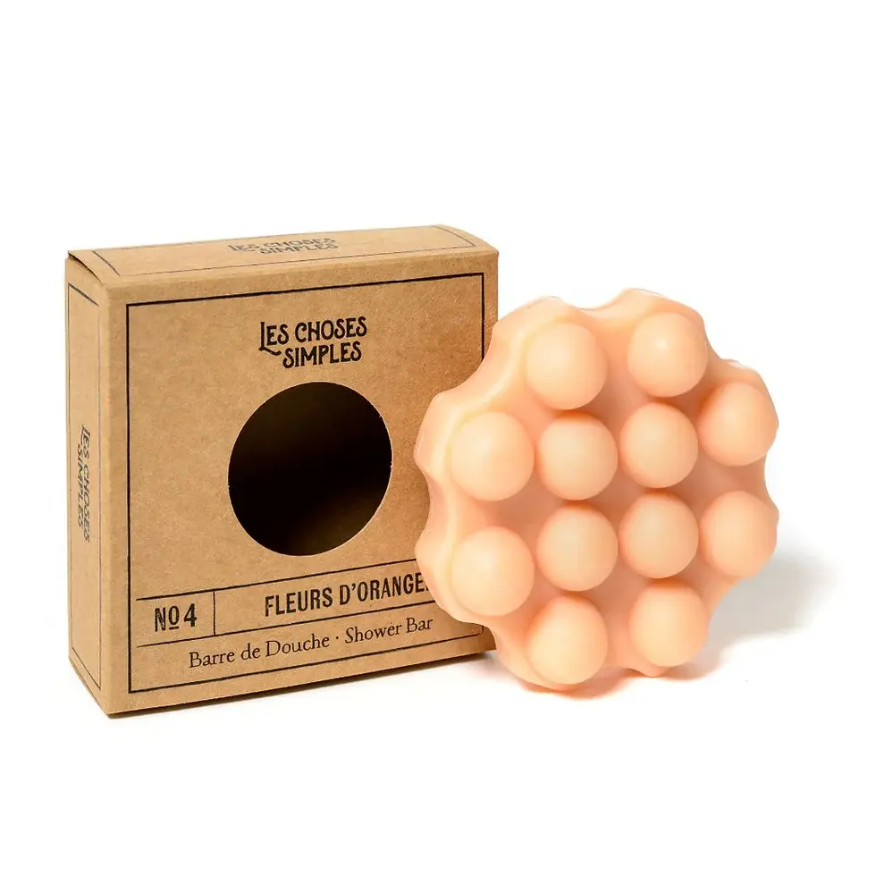 Barre de douche solide “Fleurs d’Oranger” couleur pêche, à picots massants- fond blanc 2