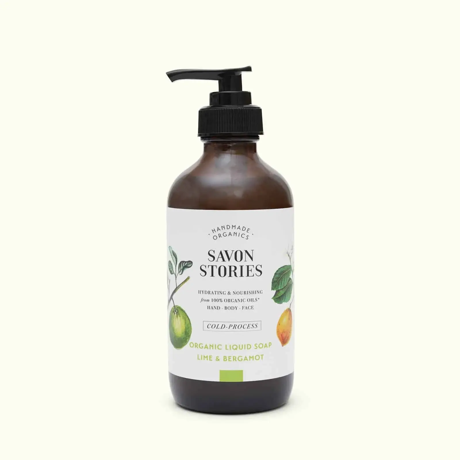 Savon liquide bio saponifié à froid citron vert bergamote Savon Stories bouteille en verre