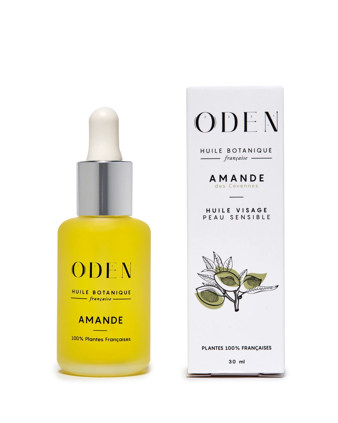 Flacon d’huile d’Amande douce française Oden – soin visage naturel et apaisant pour peau sensible- fond blanc