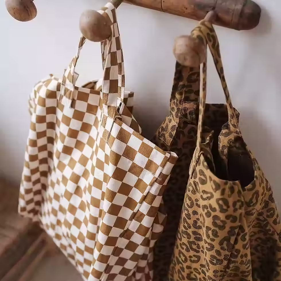 Sac cabas Elisa coton lavé OEKO-TEX motif damier caramel 62×50×34 cm anses doubles poche intérieure Portugal Rose in April 1