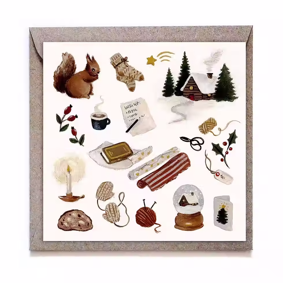 Carte vœux Festive Season illustration cocooning hivernal 120×120 mm papier naturel enveloppe recyclée Studio Satsch vue 1