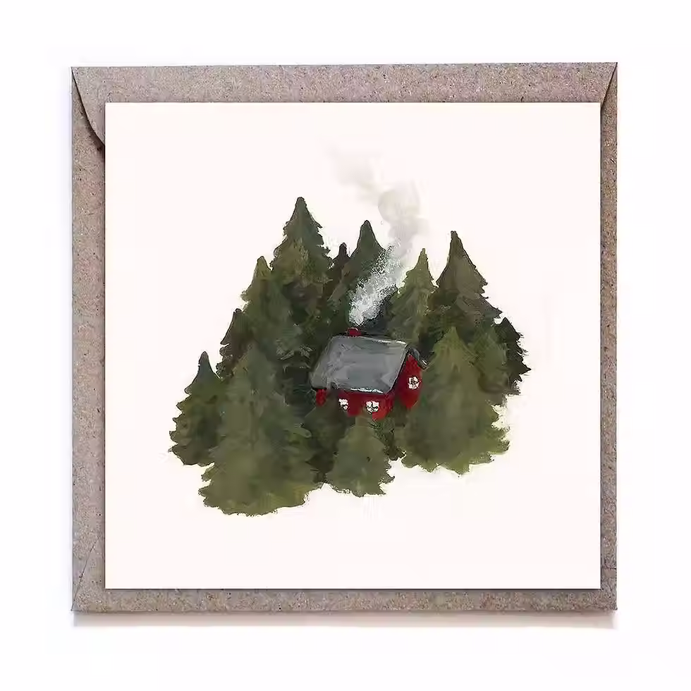 Carte illustrée Forest Hideaway refuge forestier 120×120 mm papier naturel enveloppe recyclée slow Studio Satsch vue 1