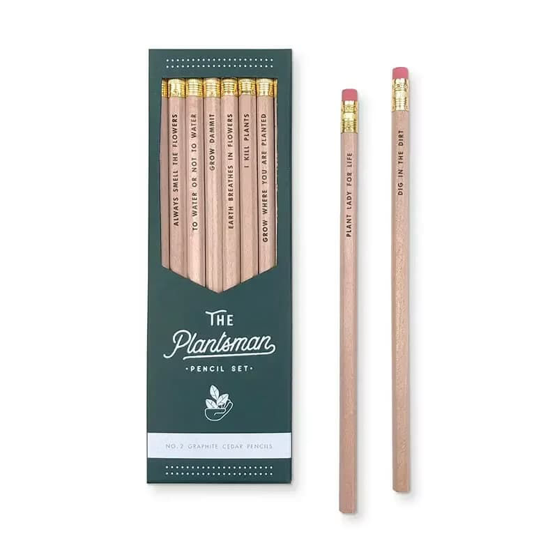 Set de crayons en cèdre naturel mine graphite n°2 avec gomme intégrée, coffret "The Plantsman" – crayons artisanaux Ruff House Print Les Jolies Emplettes
