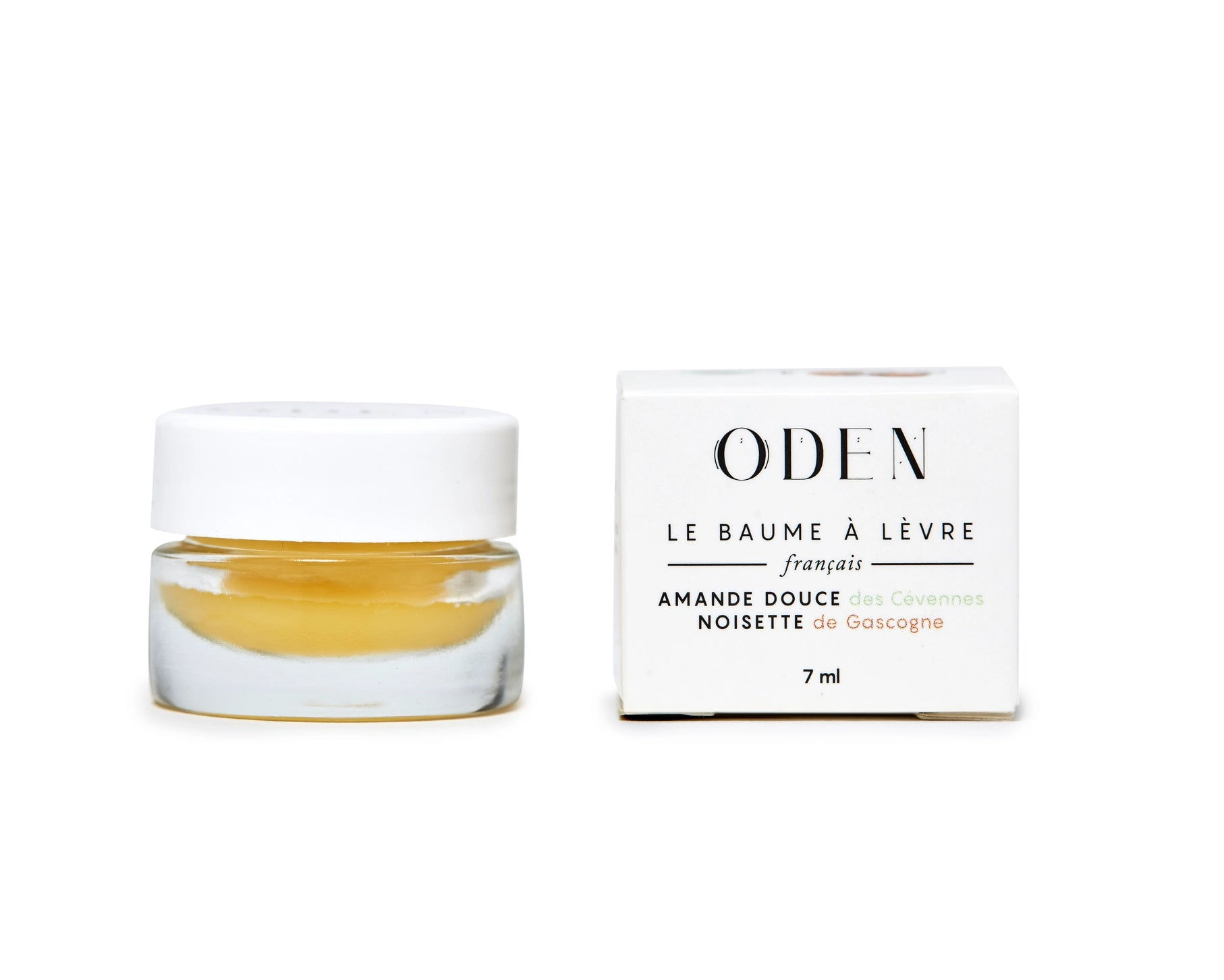 Pot en verre de baume à lèvres Oden – soin français naturel, nourrissant et multi-usages, fond blanc