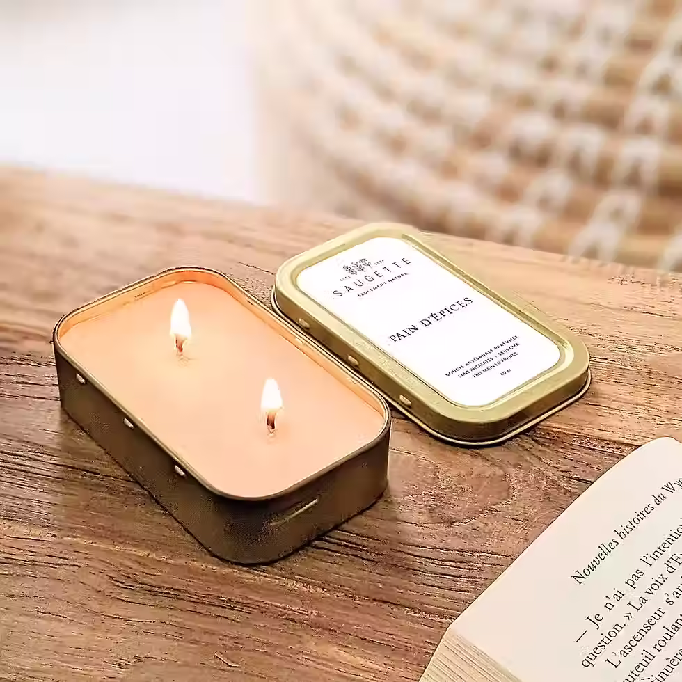 Bougie nomade cire soja 60g parfum pain épices cannelle miel gingembre boîte métal double mèche artisanale France Saugette 1