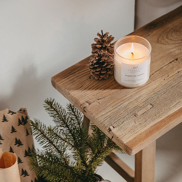 Bougie naturelle cire soja 100g parfum forêt sapin boisé résine pin couvercle liège artisanale France Saugette slow living 1