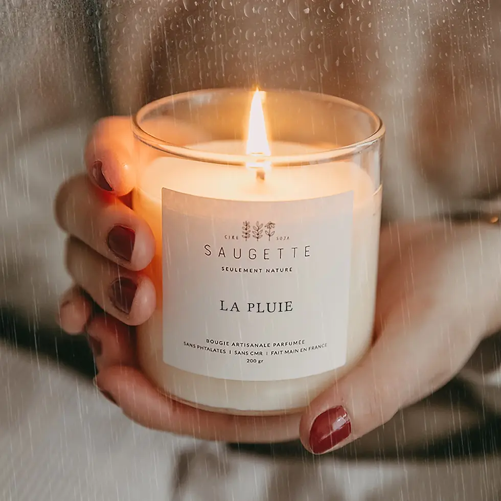 Bougie naturelle cire soja 100g parfum pluie petrichor frais minéral couvercle liège artisanale France Saugette slow living 1