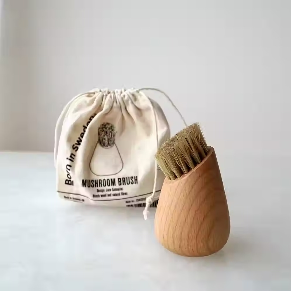 Brosse champignons bois hêtre FSC crin sanglier pochon coton Born in Sweden cuisine naturelle vue 1