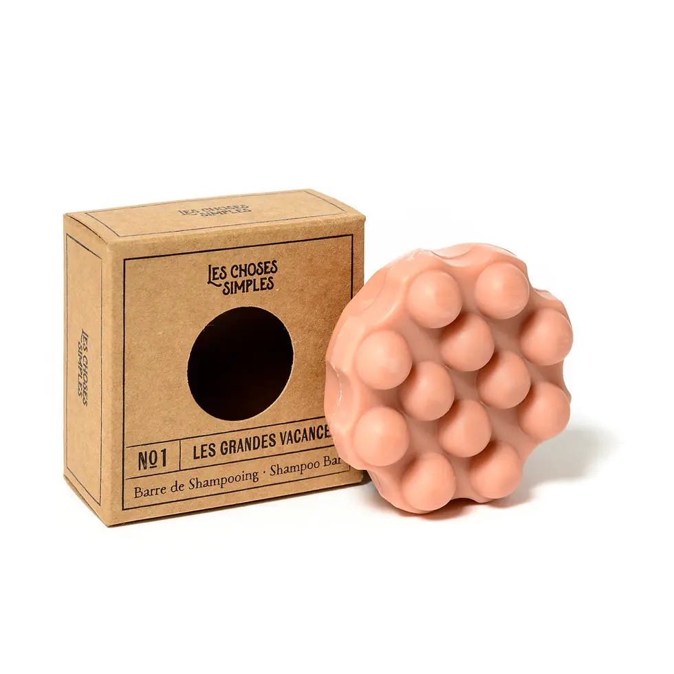 Shampoing solide “Les Grandes Vacances”, forme arrondie avec picots- Les Choses Simples- fond 2