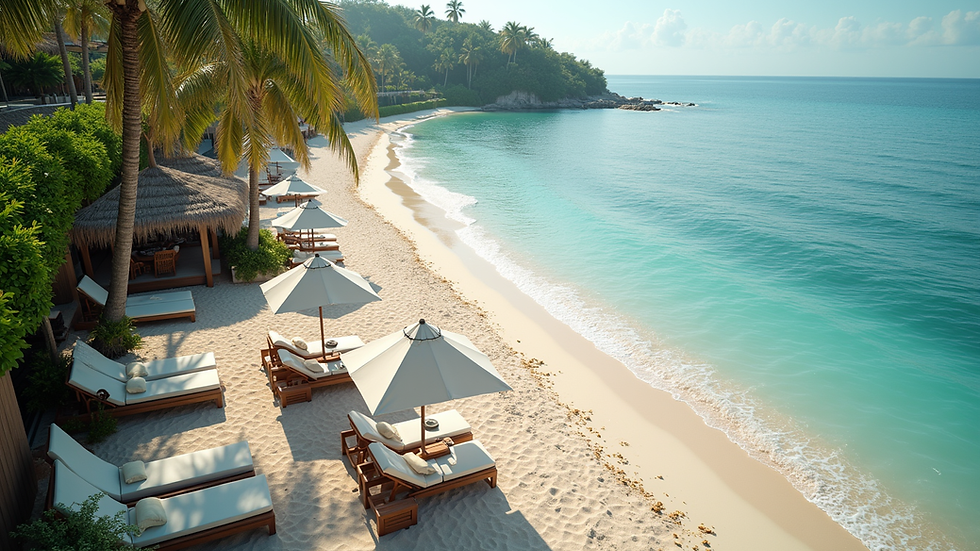 High angle view of a serene beach resort with luxurious cabanas
