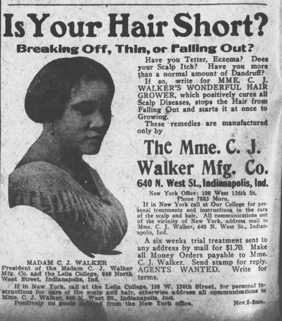 Caption: A 1915 newspaper advertisement for Madam C.J. Walker’s Hair Grower.