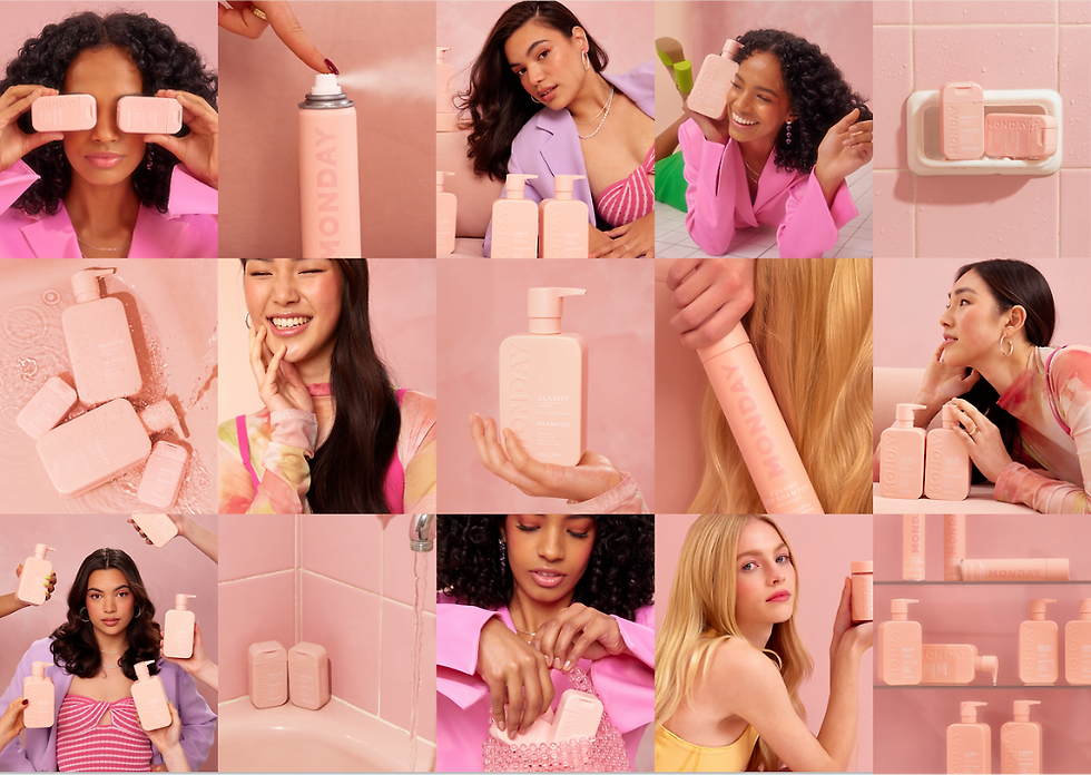 Vibrant and playful images showcase a variety of Monday shampoo and haircare products, emphasizing their soft pink packaging.