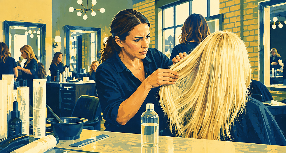 A stylist expertly analyzes a client's hair texture and condition in a modern, vibrant salon, preparing for a personalized hair treatment, ⓒinhoocho.com