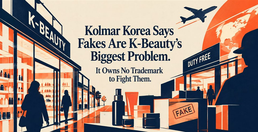 Illustration of counterfeit K-beauty products in a Korean market street