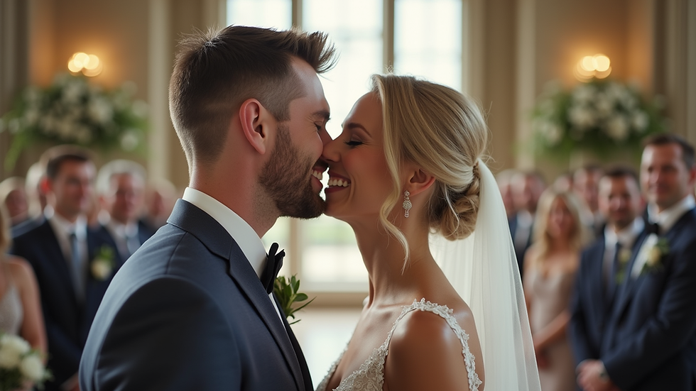 Eye-level view of bride and groom sharing a candid laugh during wedding ceremony