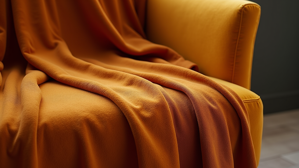 Close-up view of a textured velvet fabric draped over a chair with warm autumn colors