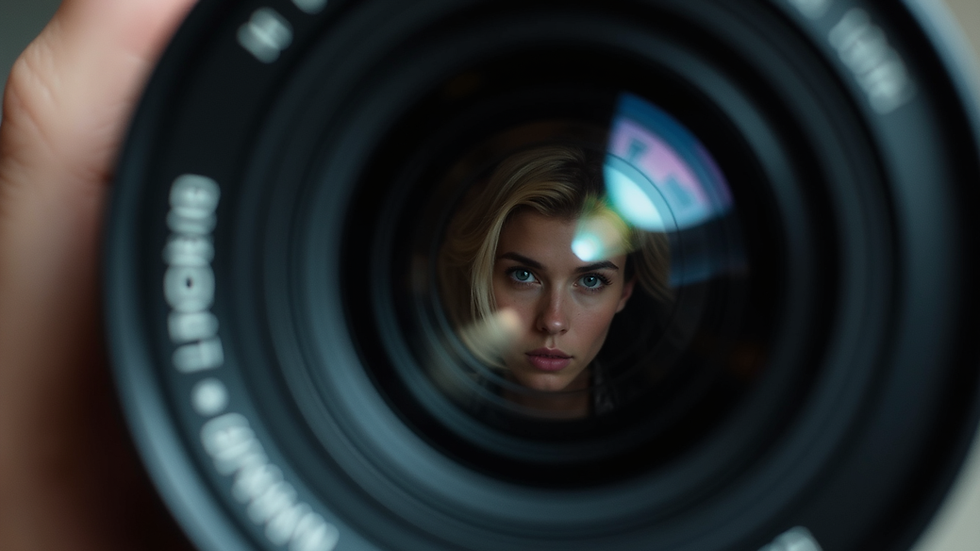 Close-up view of a professional camera lens focused on a portrait subject