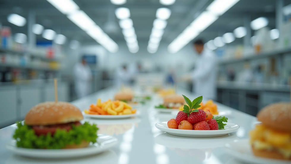 Eye-level view of a modern food innovation lab with hybrid food prototypes