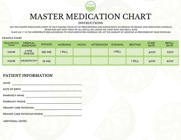 Lymebrave Foundation master medication chart (color design) for organizing Lyme disease prescriptions and dosages