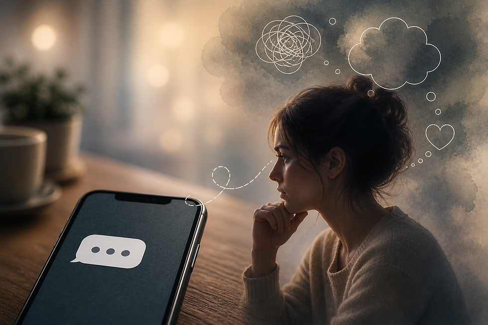Frau blickt nachdenklich auf Smartphone mit drei Punkten in einem Chat – Symbol für Erwartung und Unsicherheit in der digitalen Kommunikation