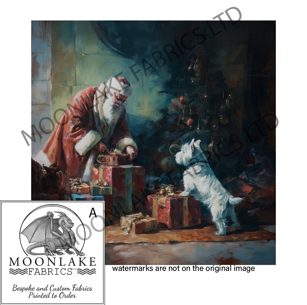 Santa putting gifts under a Christmas tree watched by a west highland terrier