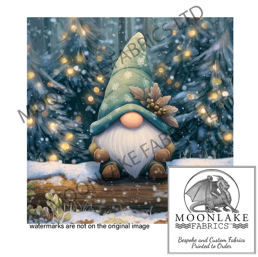 Gnome in Teal Hat on a Winter Log