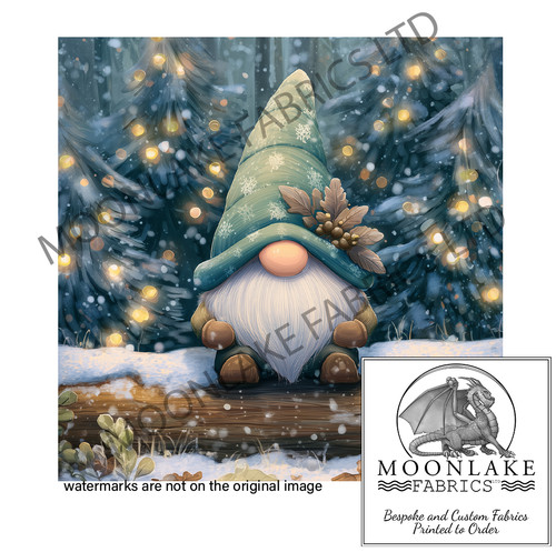 Gnome in Teal Hat on a Winter Log | Moonlake Fabrics Ltd