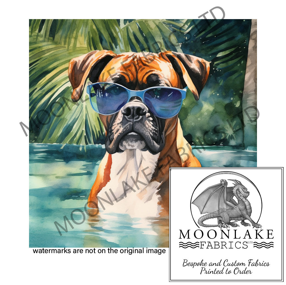 Boxer Dog in a Tropical Pool Wearing Blue Glasses