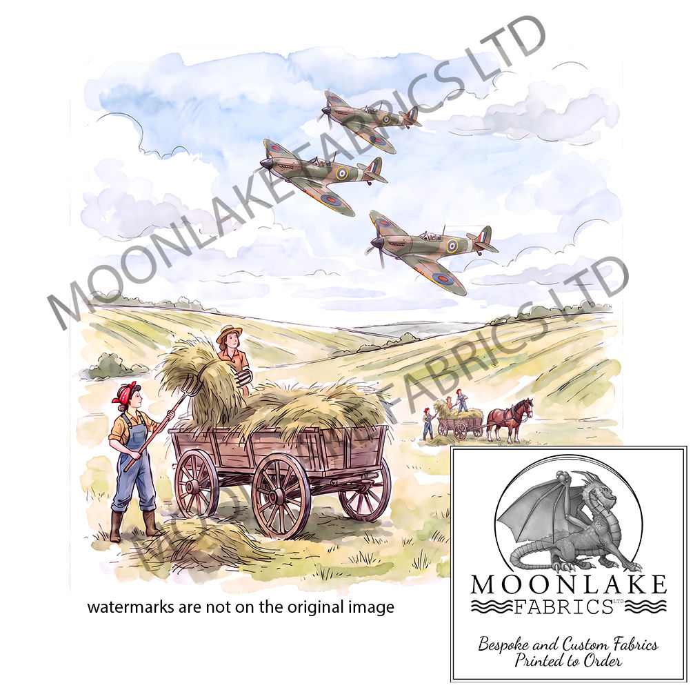 Three spitfires flying over Fields with land army girls gathering hey