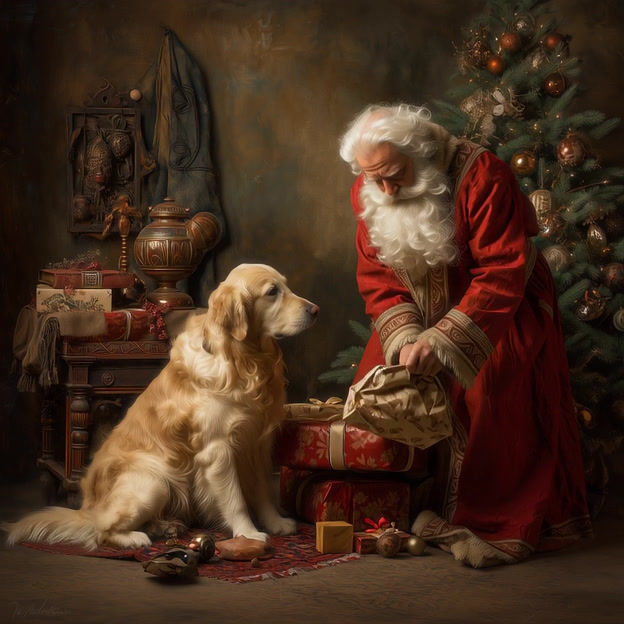 Thumbnail: Santa and the Golden Retriever Vintage Painted Style A