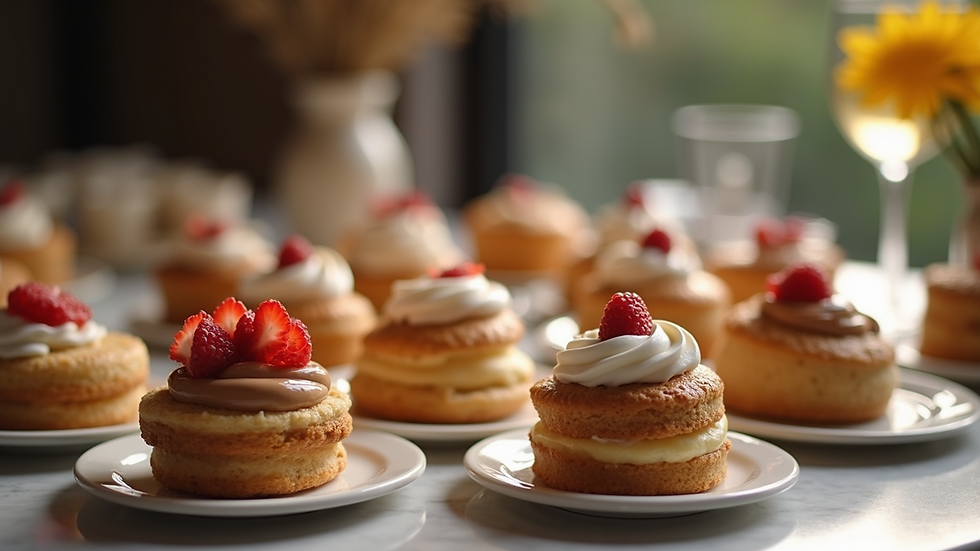Eye-level view of a stylishly arranged dessert table with elegant pastries