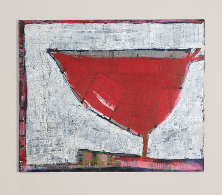 Boundless Dreams abstract painting by Dalit Rishpy Tor with a bold red shape over textured white layers