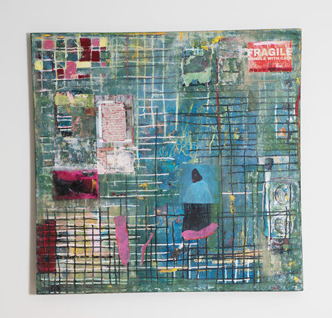 Inner Core abstract painting by Dalit Rishpy Tor with layered blue textures, expressive marks, and a crown-like central figur