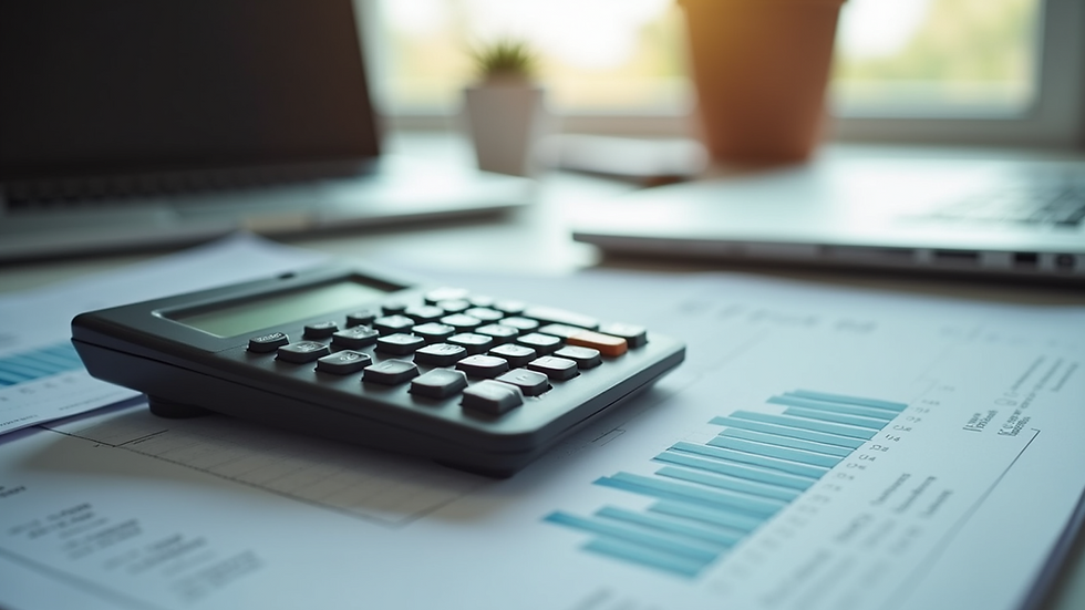 Close-up view of a calculator and financial documents on a desk
