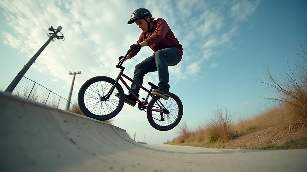 Eye-level view of a BMX rider wearing Krupp and Carter apparel performing a trick