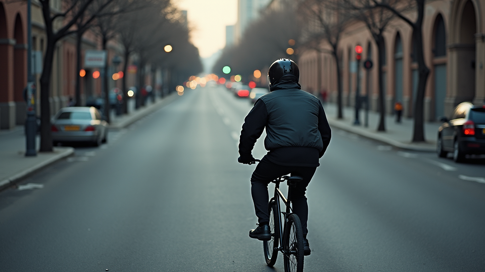High angle view of BMX rider wearing Heavy Silhouette jacket on urban street