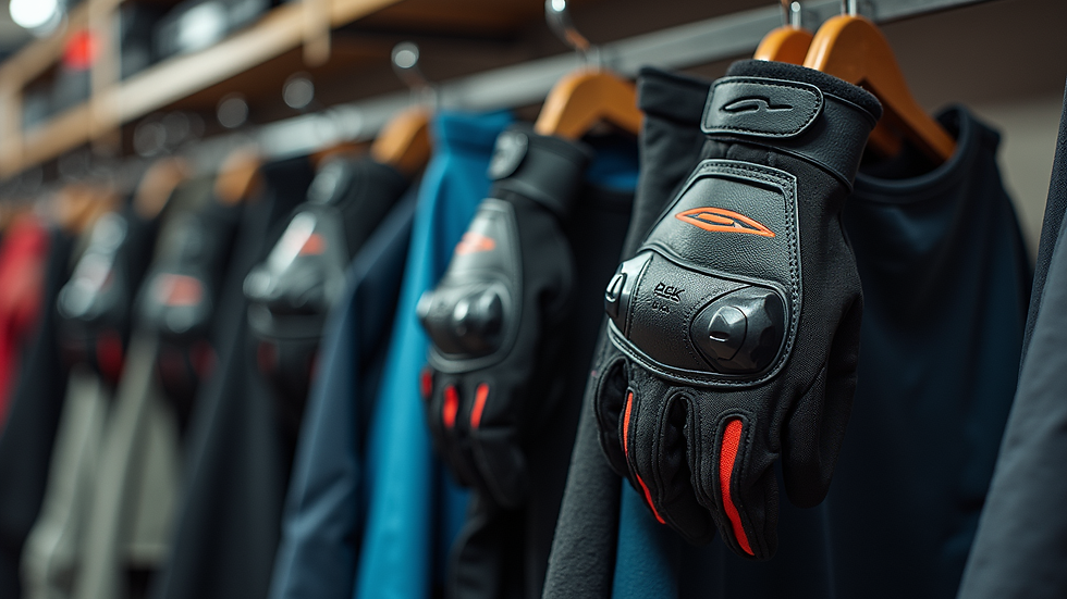 Close-up view of BMX gloves and padded pants on a rack