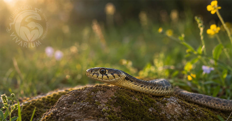 Serpiente descansando sobre una roca cubierta de musgo en un campo verde con flores amarillas y lilas al atardecer. Fondo difuminado.