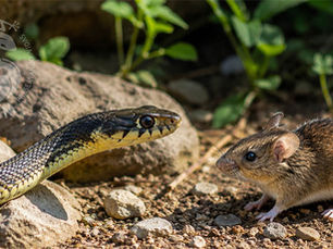 Serpiente y ratón se miran desafiantes sobre suelo pedregoso. Fondo de hojas verdes. Luz natural resalta colores marrón y amarillo.